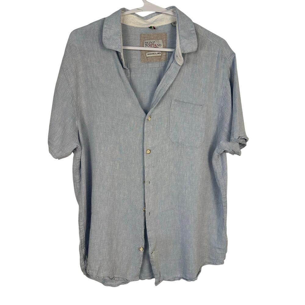 Bruno Positano island shirt blue, washable linen blend button-down front Medium